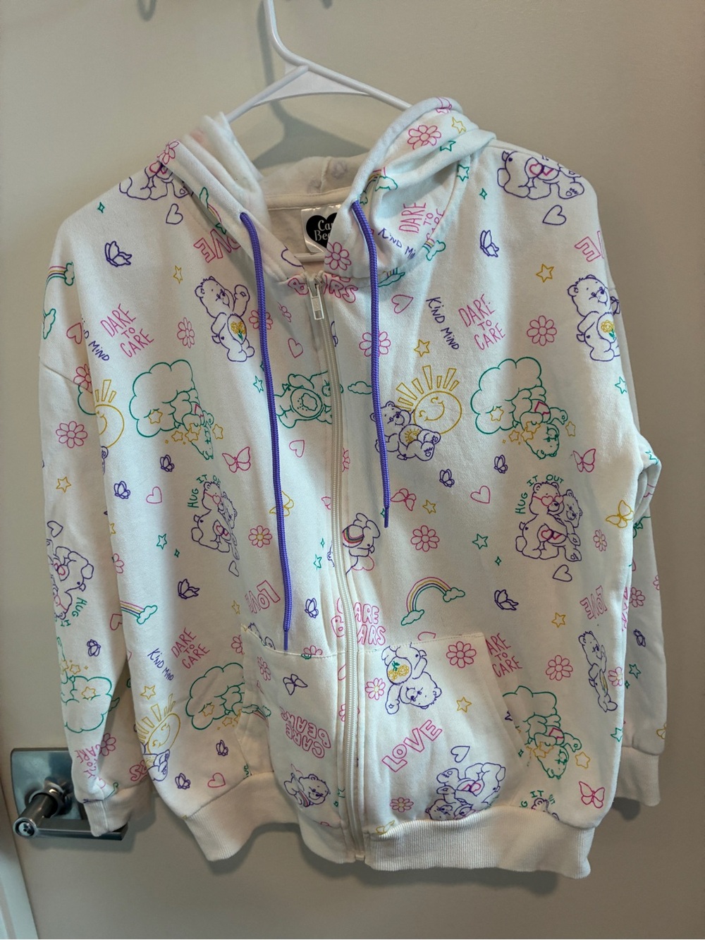 Care Bears White Zip-Up Hoodie with Pastel Character Print